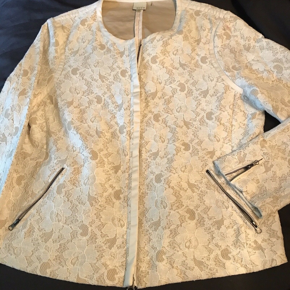 Women’s Ecru Brand SZ 12 Lace Jacket Zip Front EUC